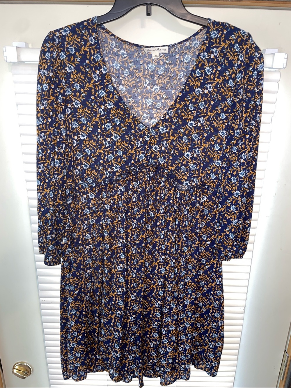 Jane and Delancey Navy Floral 3/4 Sleeve Dress with Blue and Mustard Print